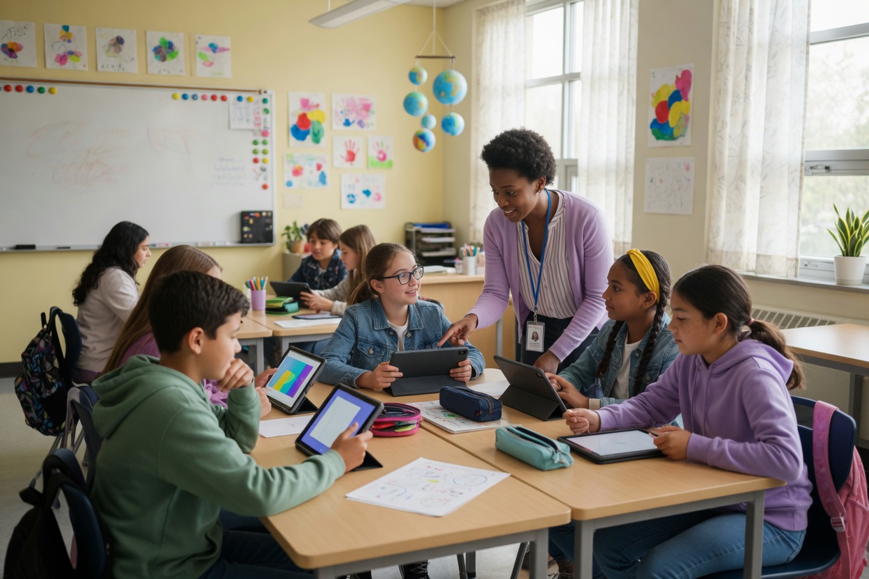 Teacher supporting middle school students using tablets in a bright classroom