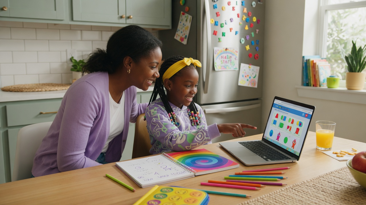 Parent and child learning together at home with interactive educational software on a laptop