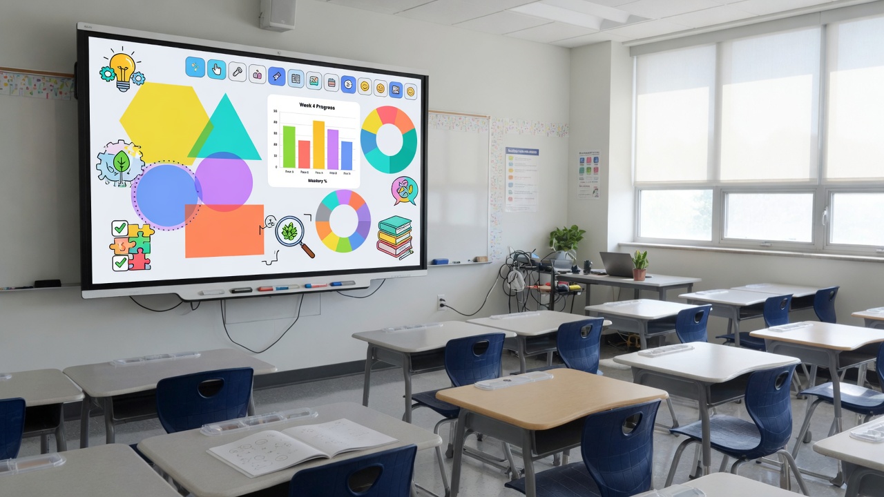 Classroom interactive smartboard displaying educational software for whole-class instruction