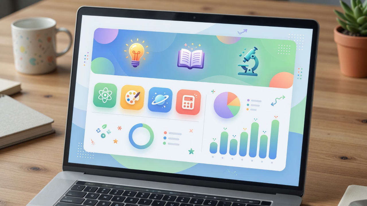 Laptop displaying a colorful custom educational software dashboard for K-12 learning