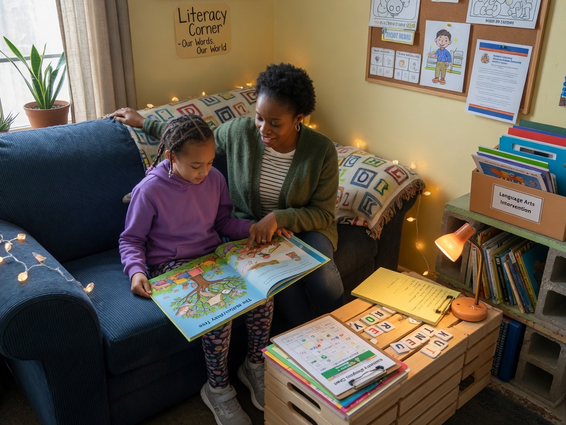 Tutor and young student reading together in a literacy corner