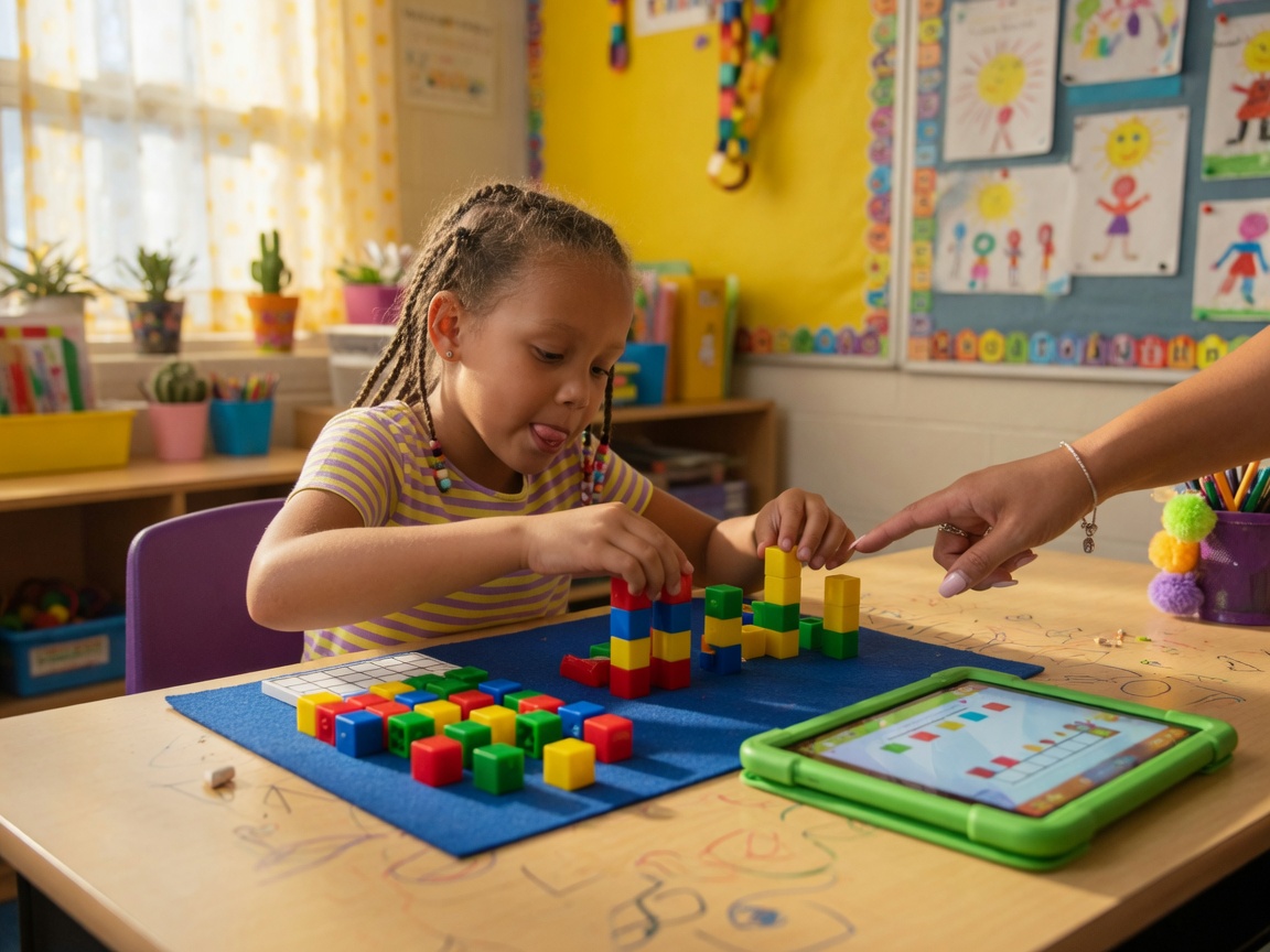 Elementary student building math concepts with blocks and a tablet