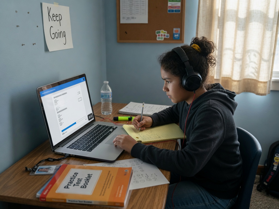 Student preparing for assessments with practice software and notebook