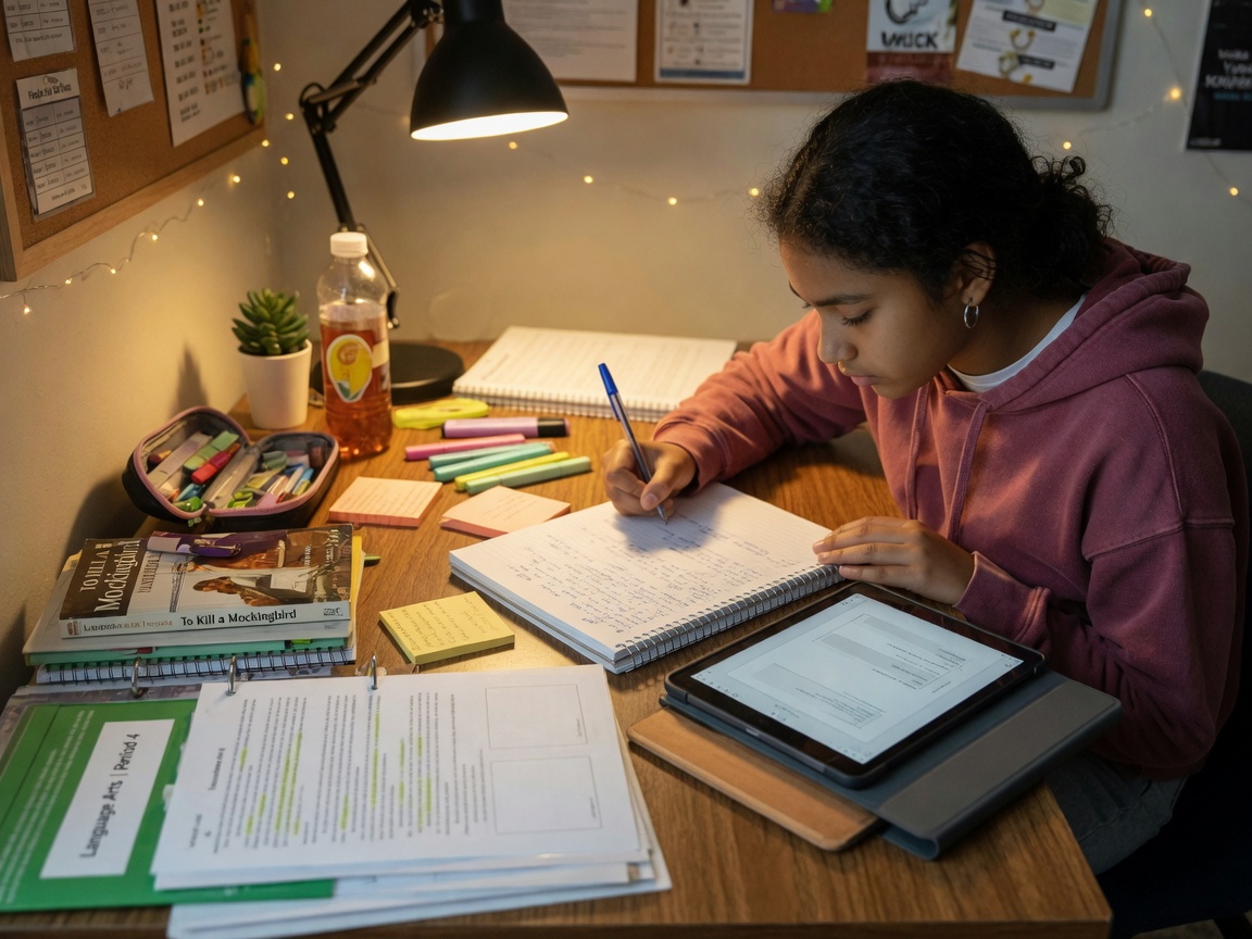 High school student working on writing with notebook and tablet